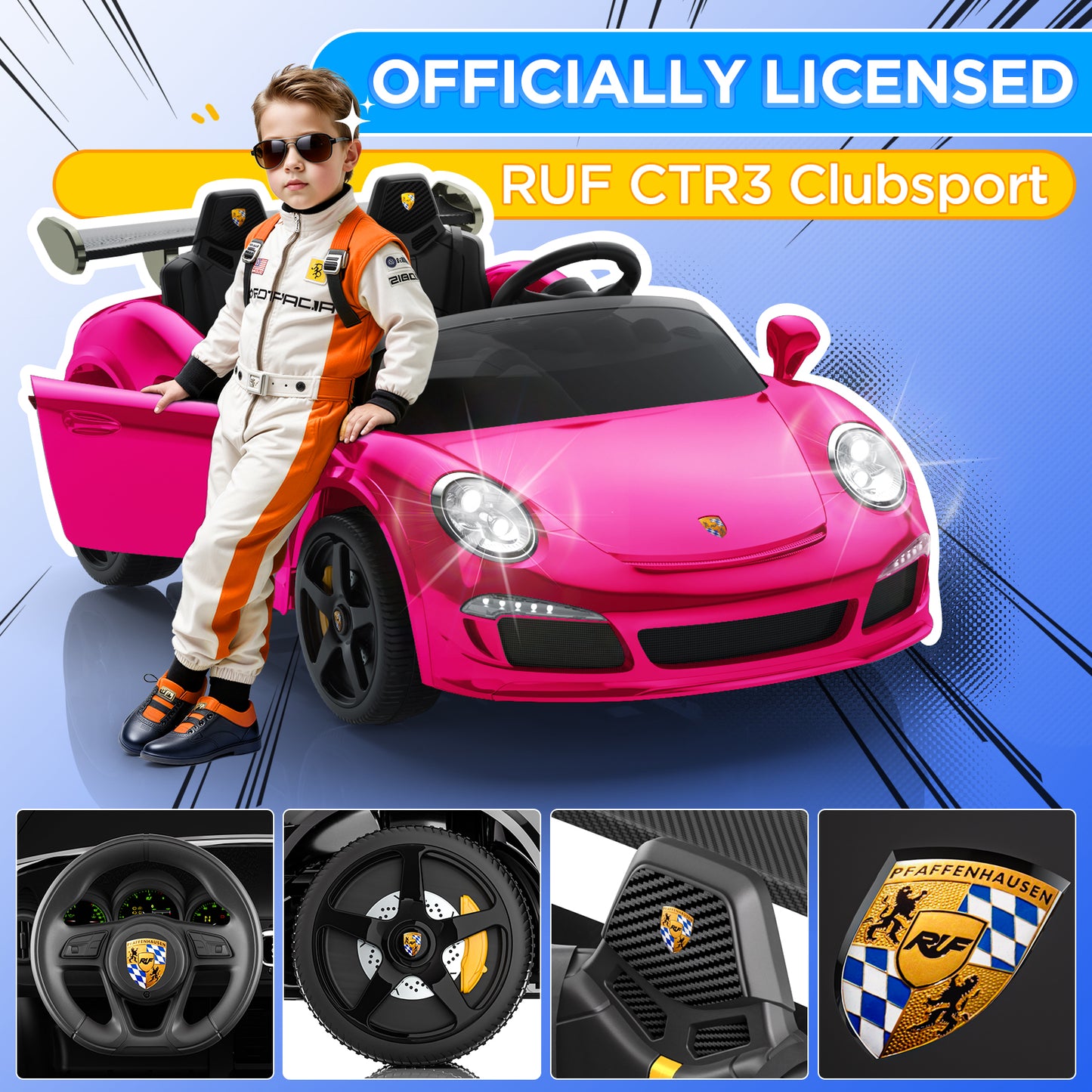 JOYSTROLL Porsche 911 Kids Ride on Sports Car-RUF Licensed-Pink