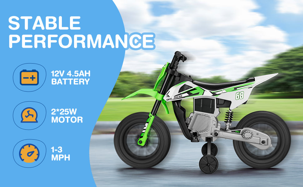 Children's toy bike with specifications on a blue and green background