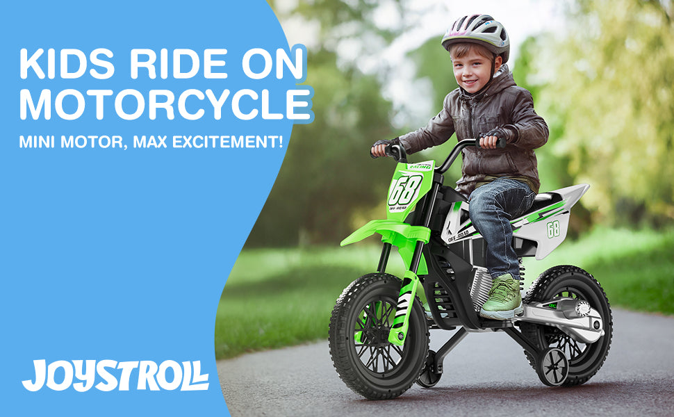Child riding a green toy motorcycle with a blue promotional text overlay.