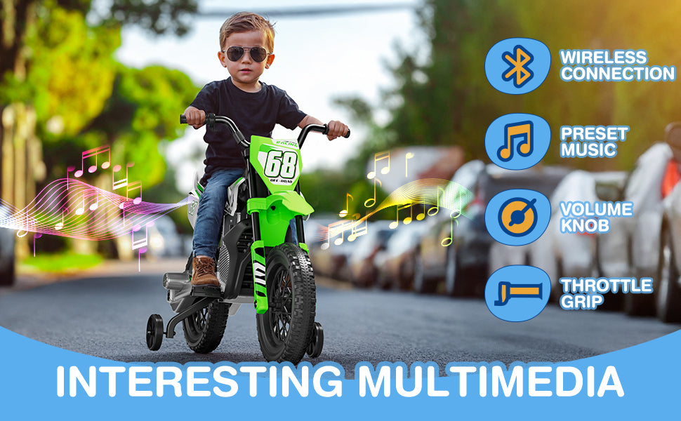 Child riding a green toy bike with multimedia features on a road.