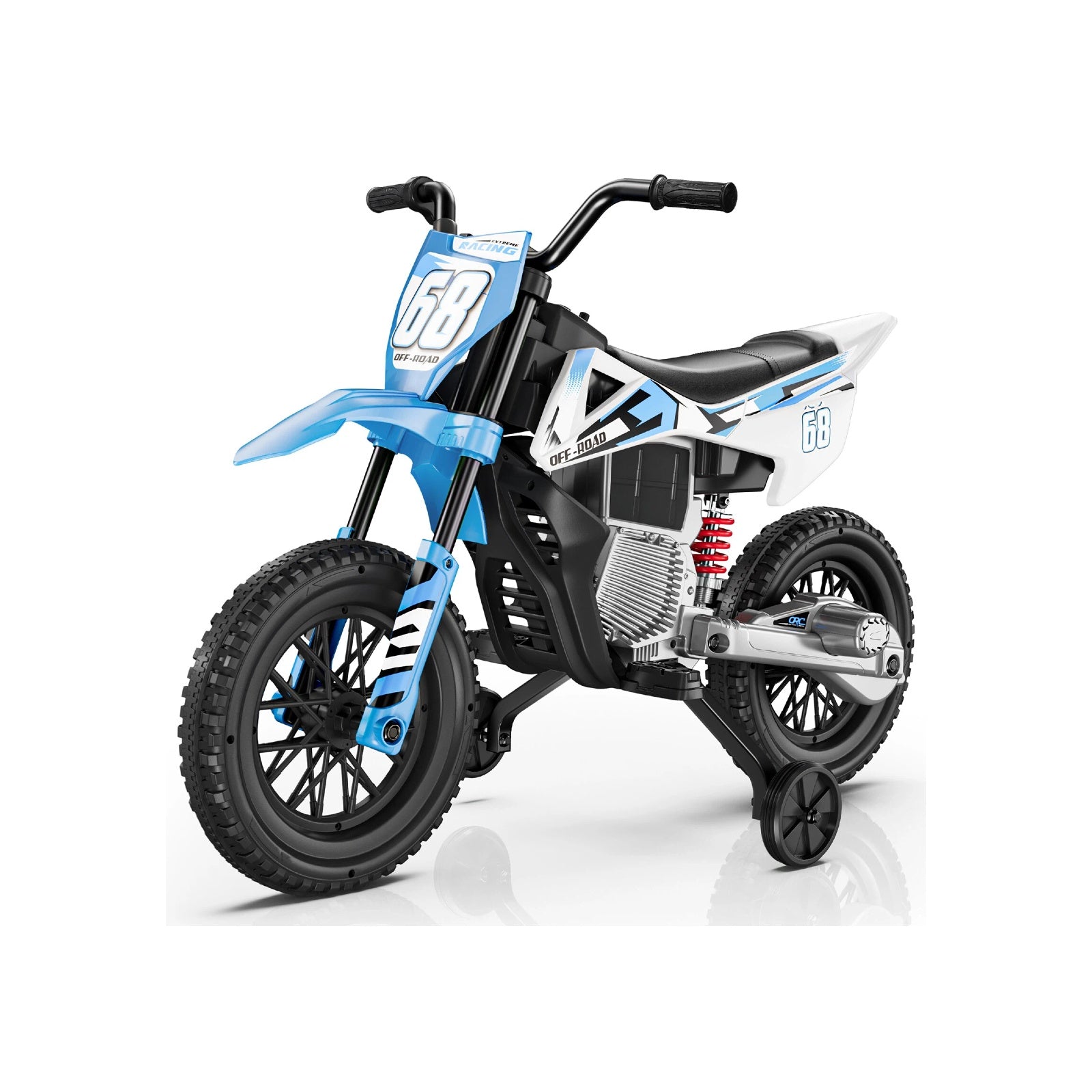 Children's dirt bike with blue and white design on a white background