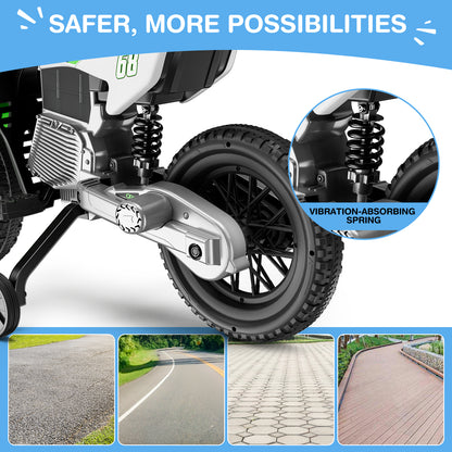 Motorcycle with vibration-absorbing spring feature and images of different road types.