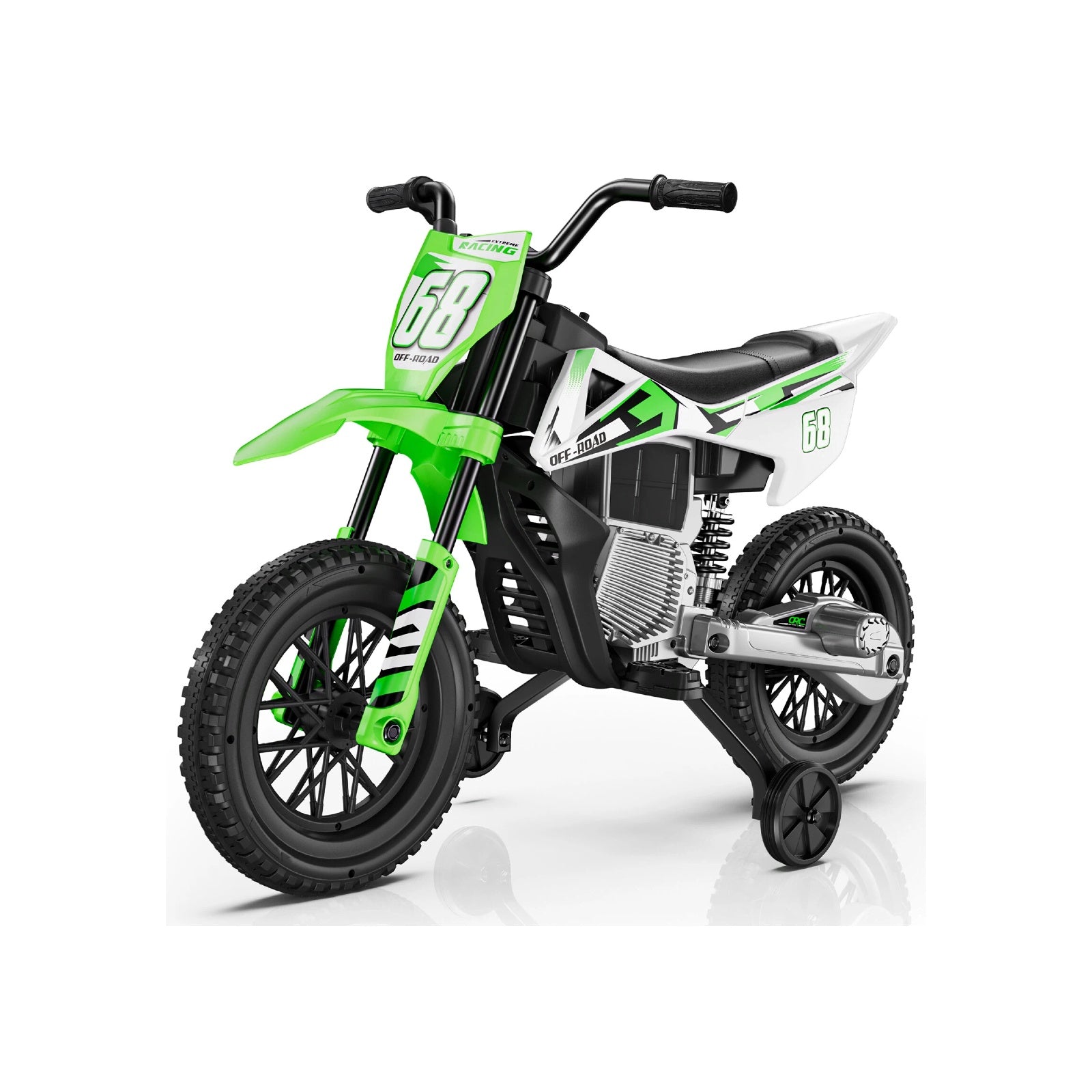 Green and white toy dirt bike with number 68 on a white background