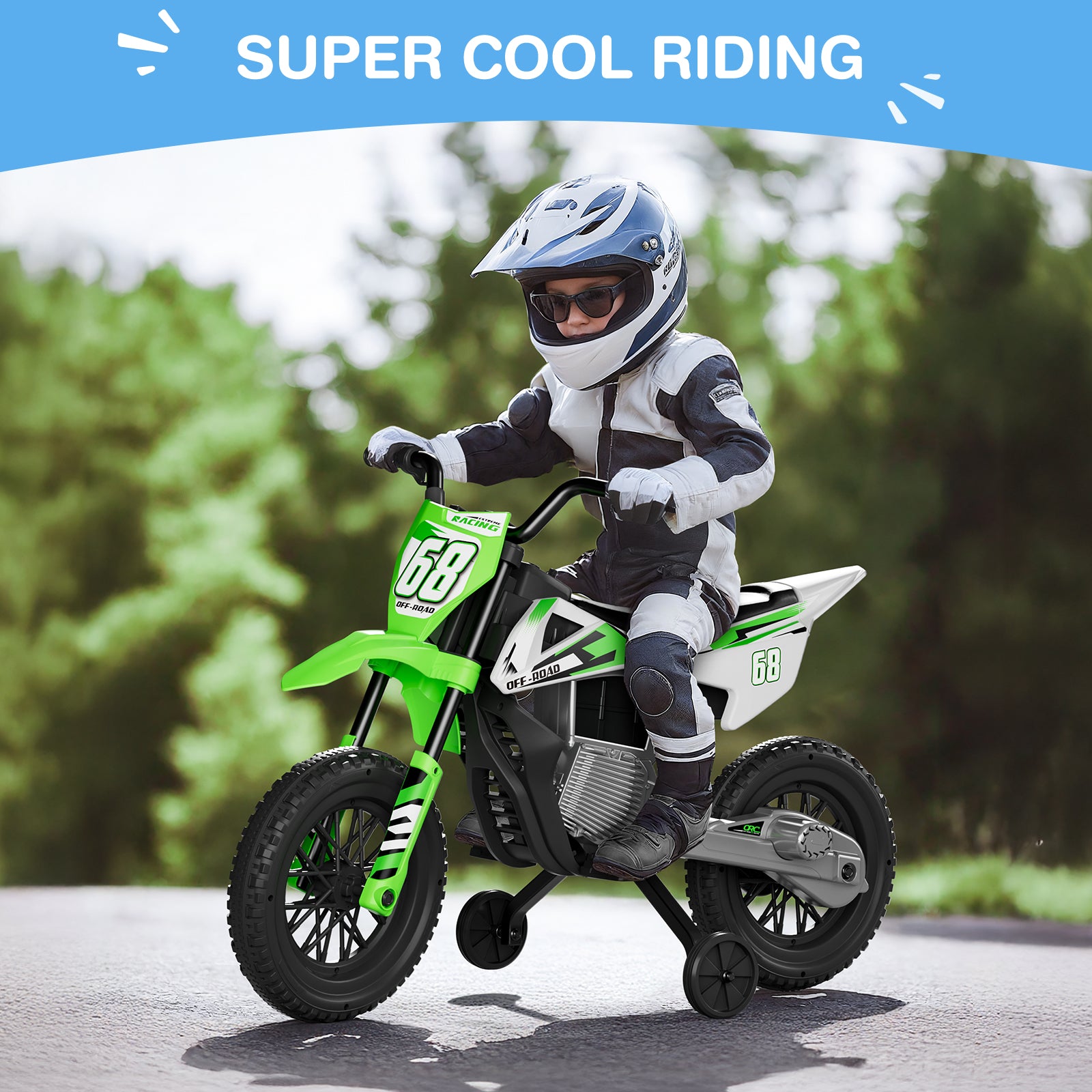 Child on a green toy dirt bike with 'Super Cool Riding' text and logo.