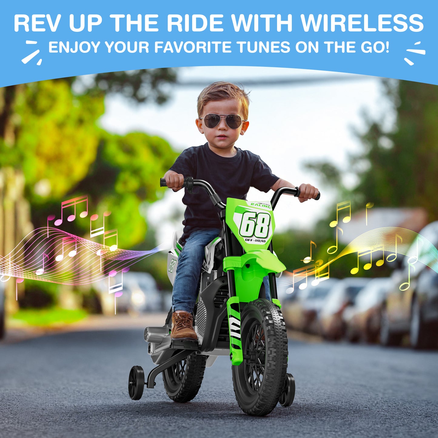 Child on a green bicycle with wireless headphones, surrounded by music notes and text about wireless tunes.