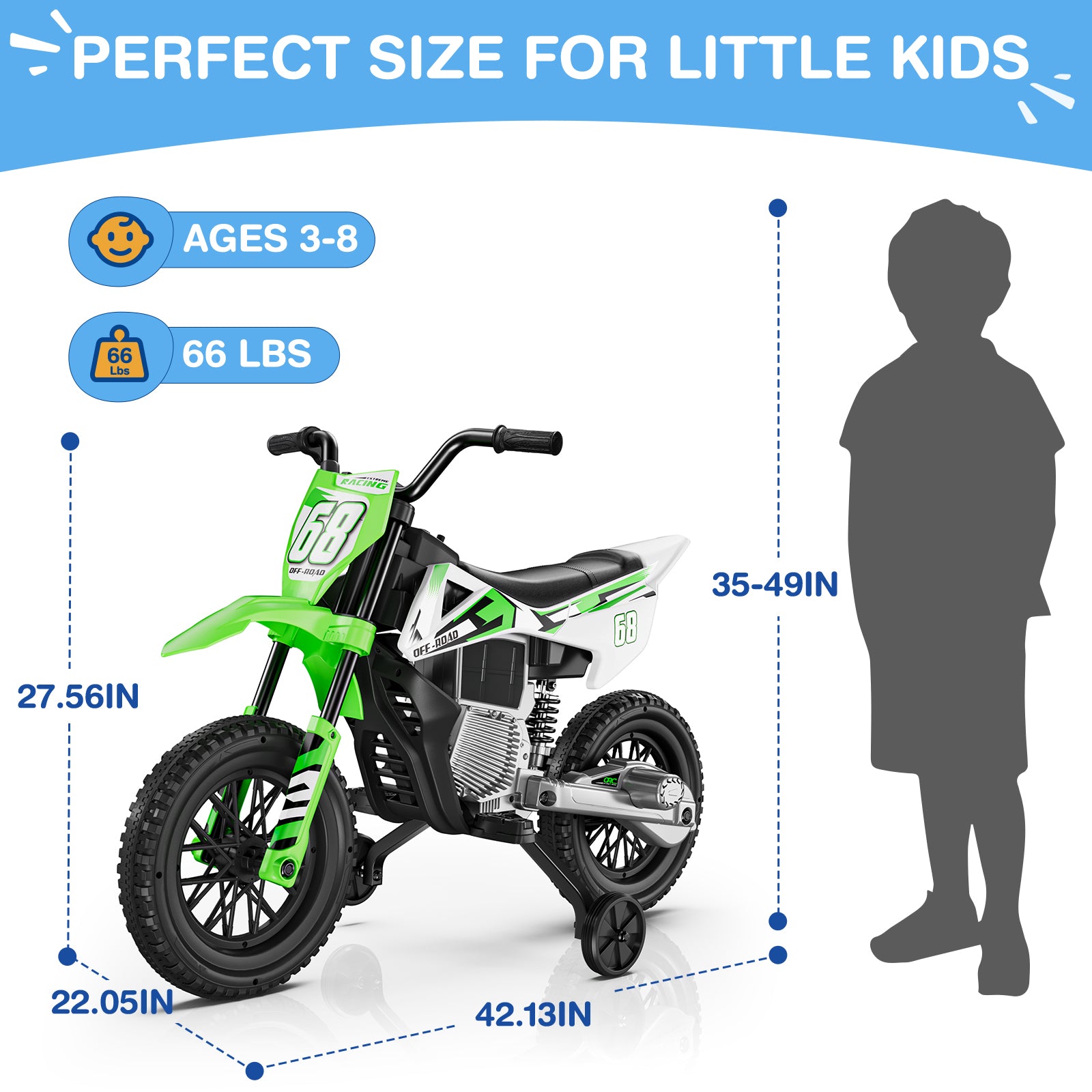 Green toy dirt bike with dimensions and a silhouette of a child for scale, on a white background.