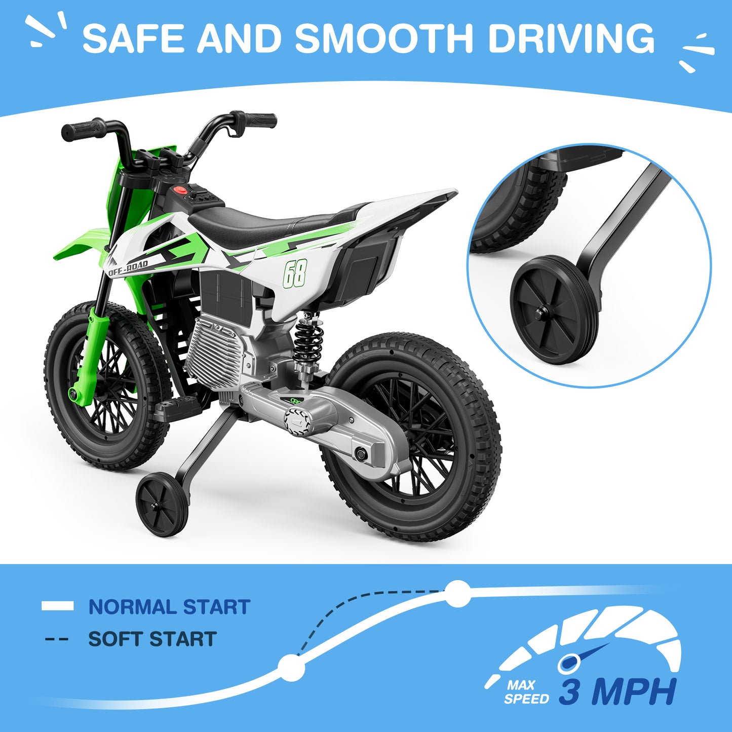 Children's motorcycle with green and white design on a blue background, featuring text about safe and smooth driving.
