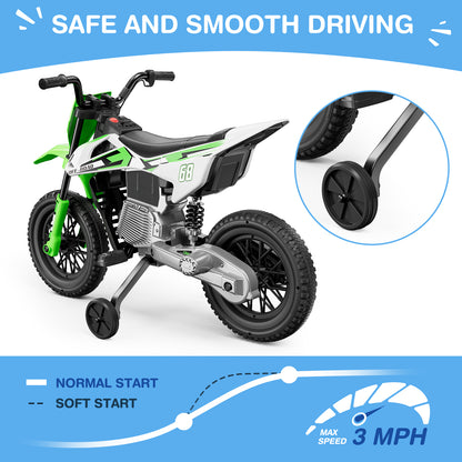 Children's motorcycle with green and white design on a blue background, featuring text about safe and smooth driving.