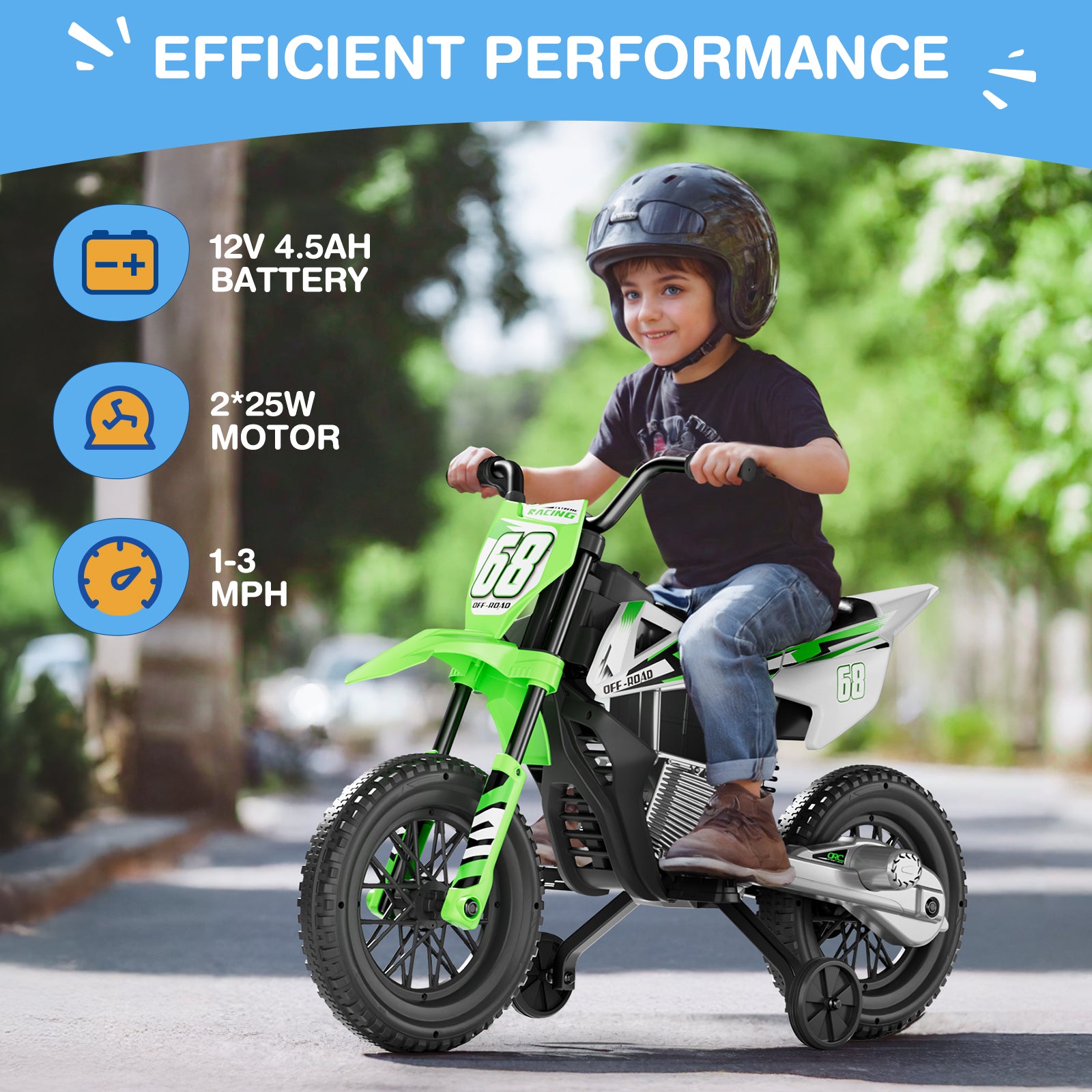 Child riding a green toy motorcycle with specifications displayed on a blue banner.