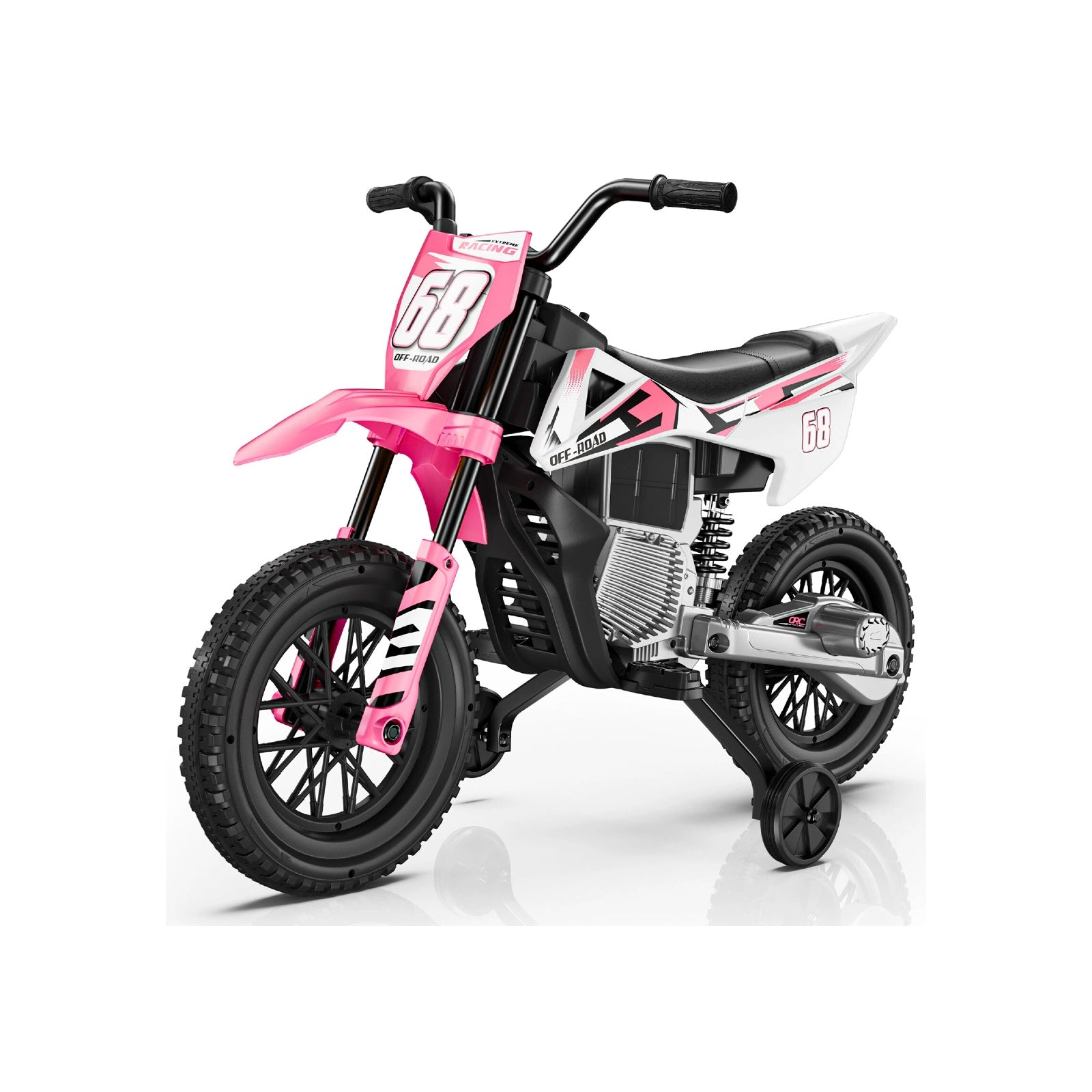 Pink and black dirt bike toy with number 68 on a white background
