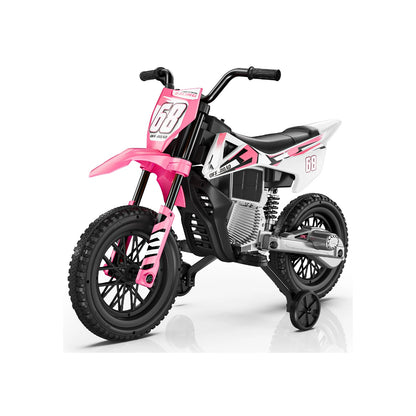 Pink and black dirt bike toy with number 68 on a white background