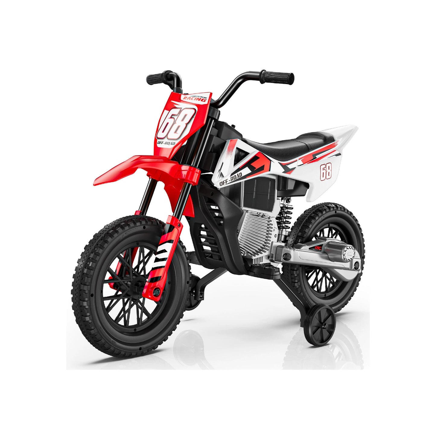 Red and white dirt bike toy with number 68 on a white background