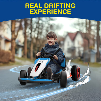 Child driving a toy go-kart on a road with 'Real Drifting Experience' text above.