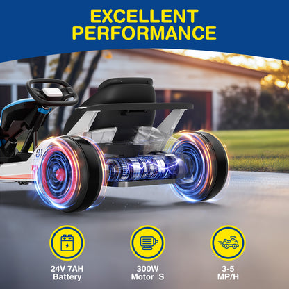 Children's electric go-kart with glowing wheels on a road, featuring 'Excellent Performance' text and specifications.