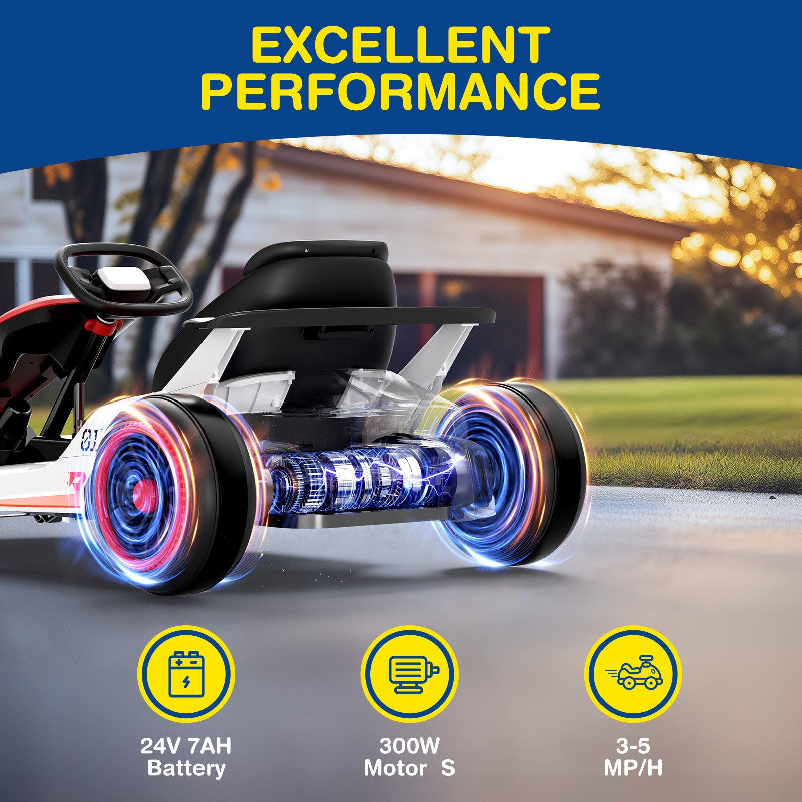 Children's electric go-kart with glowing wheels on a road, featuring 'Excellent Performance' text and specifications.