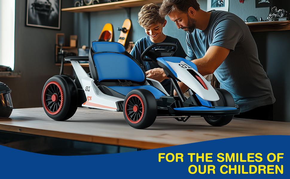 Man and child playing with a toy go-kart in a room with shelves in the background.