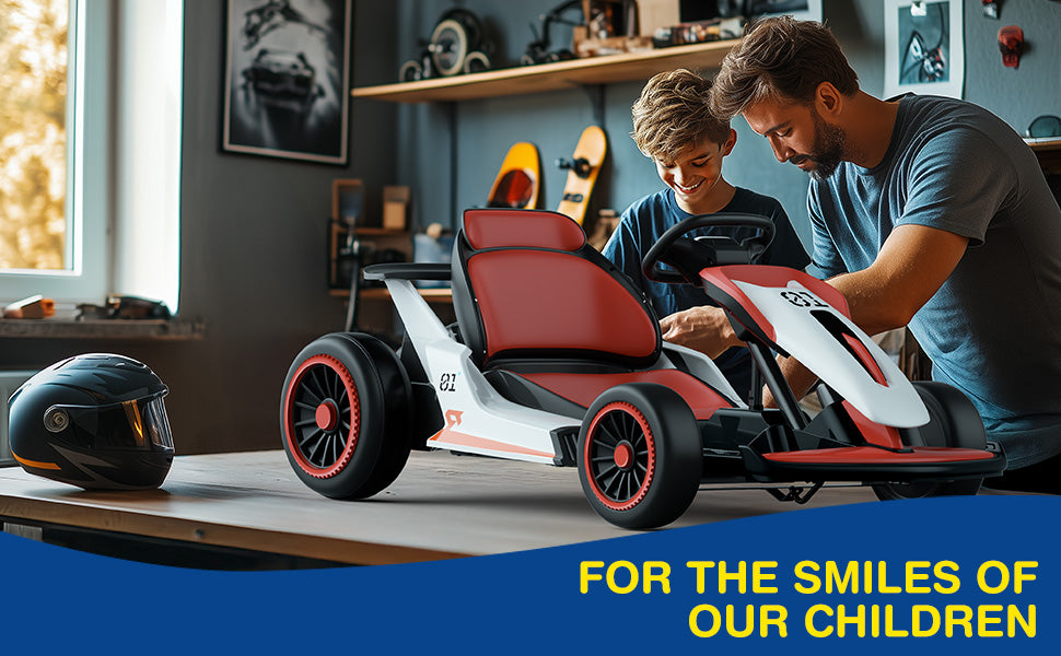 Man and child playing with a toy go-kart in a room with shelves and decor.