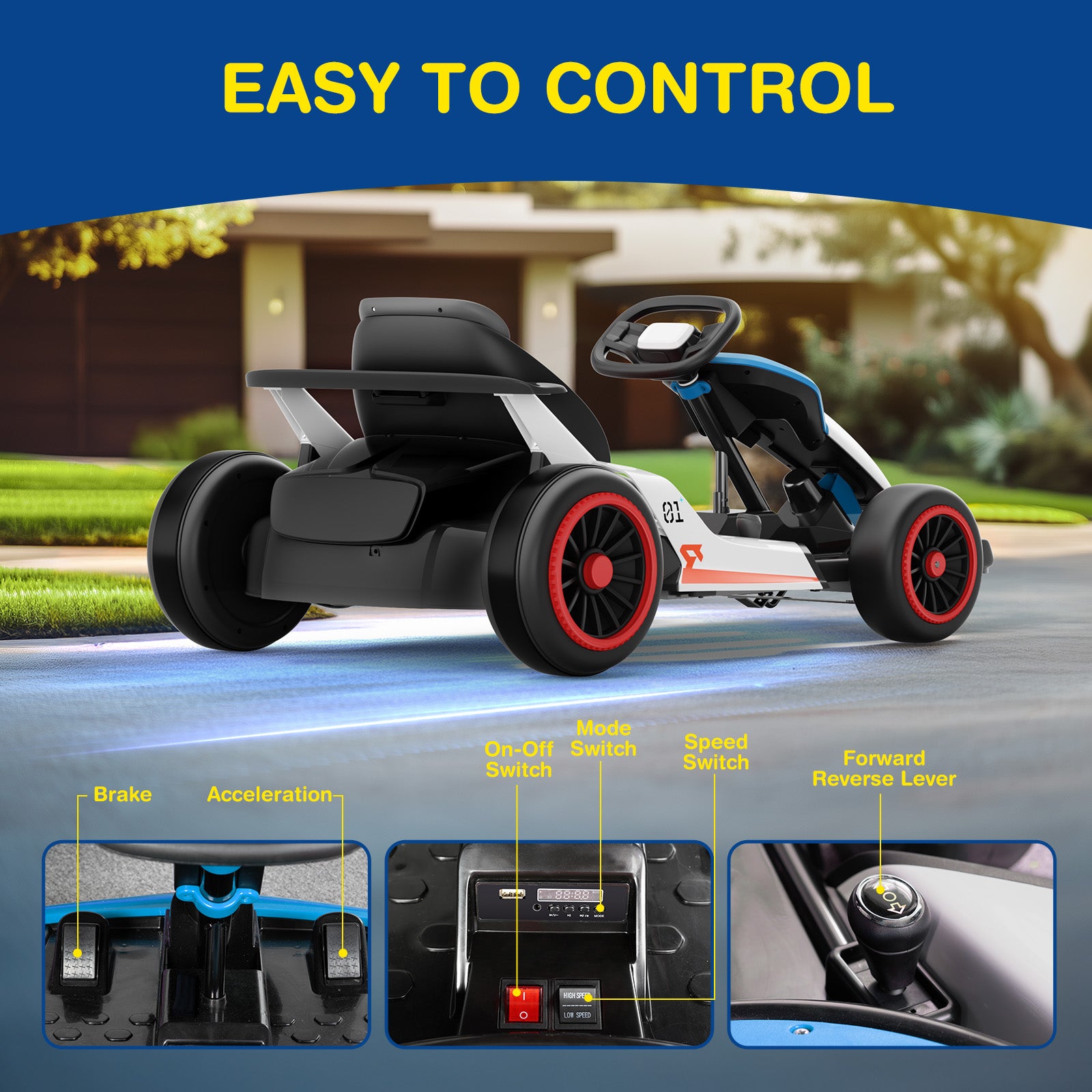 Children's electric go-kart with control panel details on a blue background