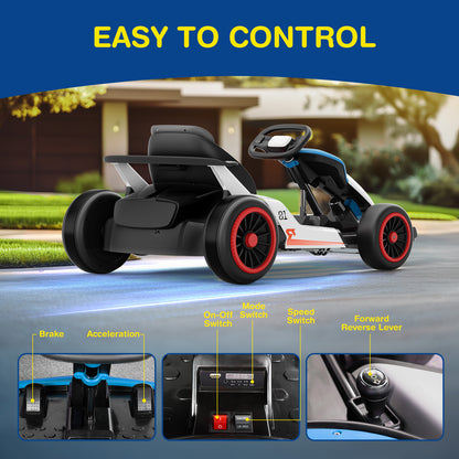 Children's electric go-kart with control panel details on a blue background