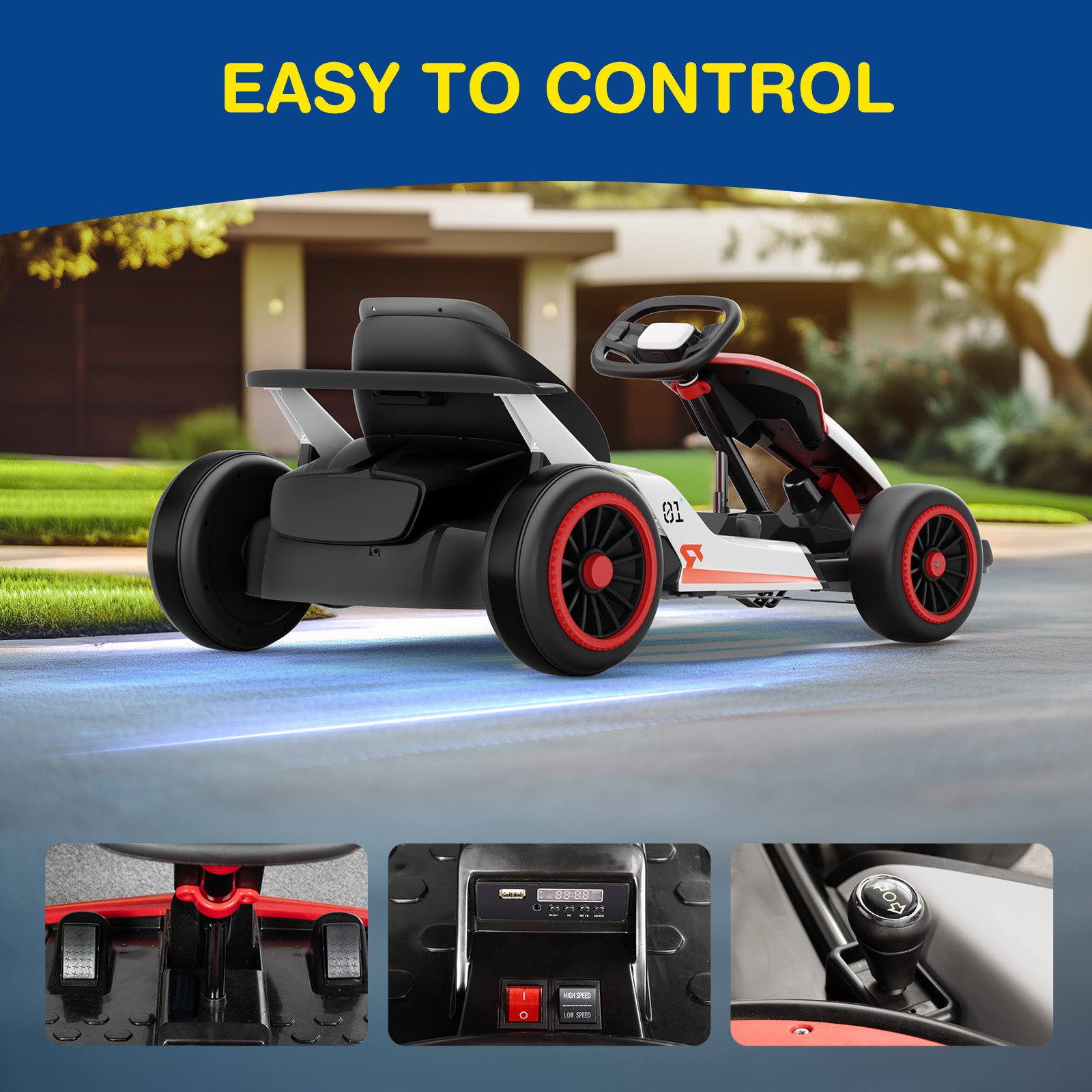 Children's electric go-kart with control panel and power button on a blue background