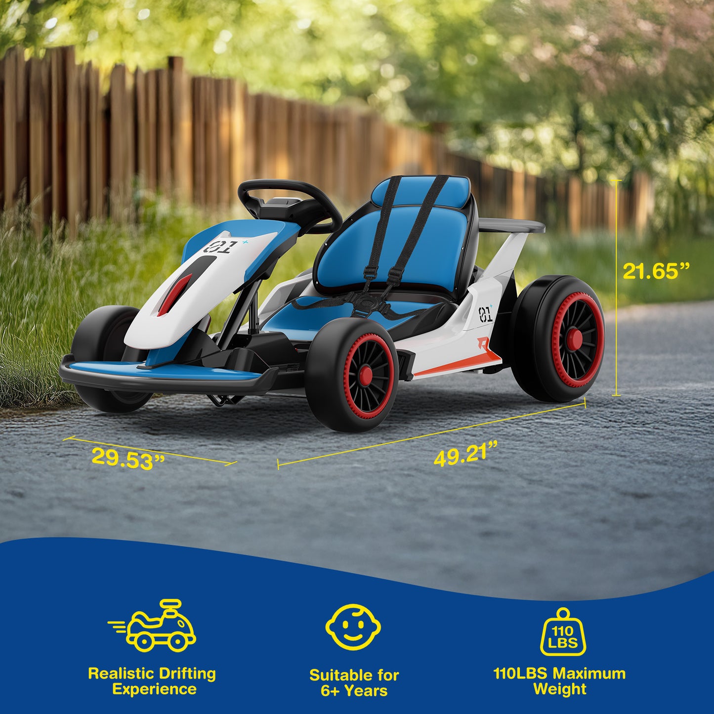 Children's go-kart with measurements and features displayed on a road.