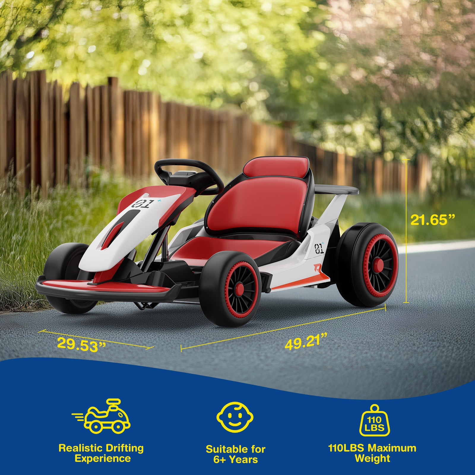 Red and white go-kart with dimensions and features displayed on a road with greenery in the background.