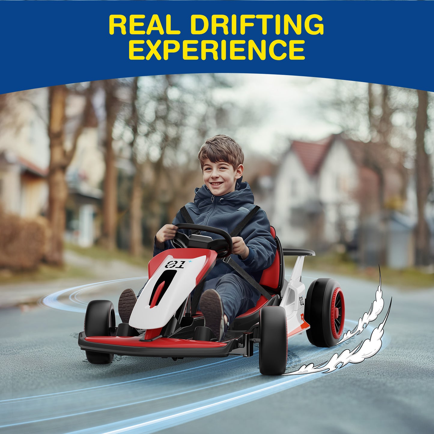 Child driving a red and white go-kart with 'Real Drifting Experience' text above.