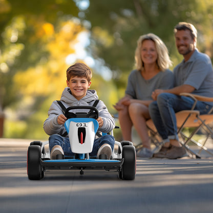 Child driving a toy car with parents sitting in the background