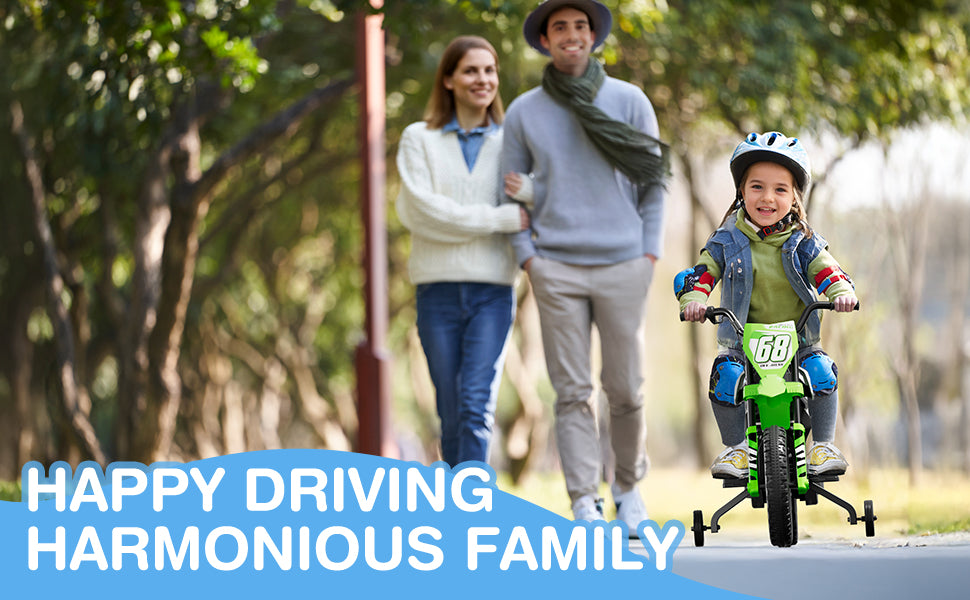 Family with a child on a bike in a park setting with text 'Happy Driving Harmonious Family'.