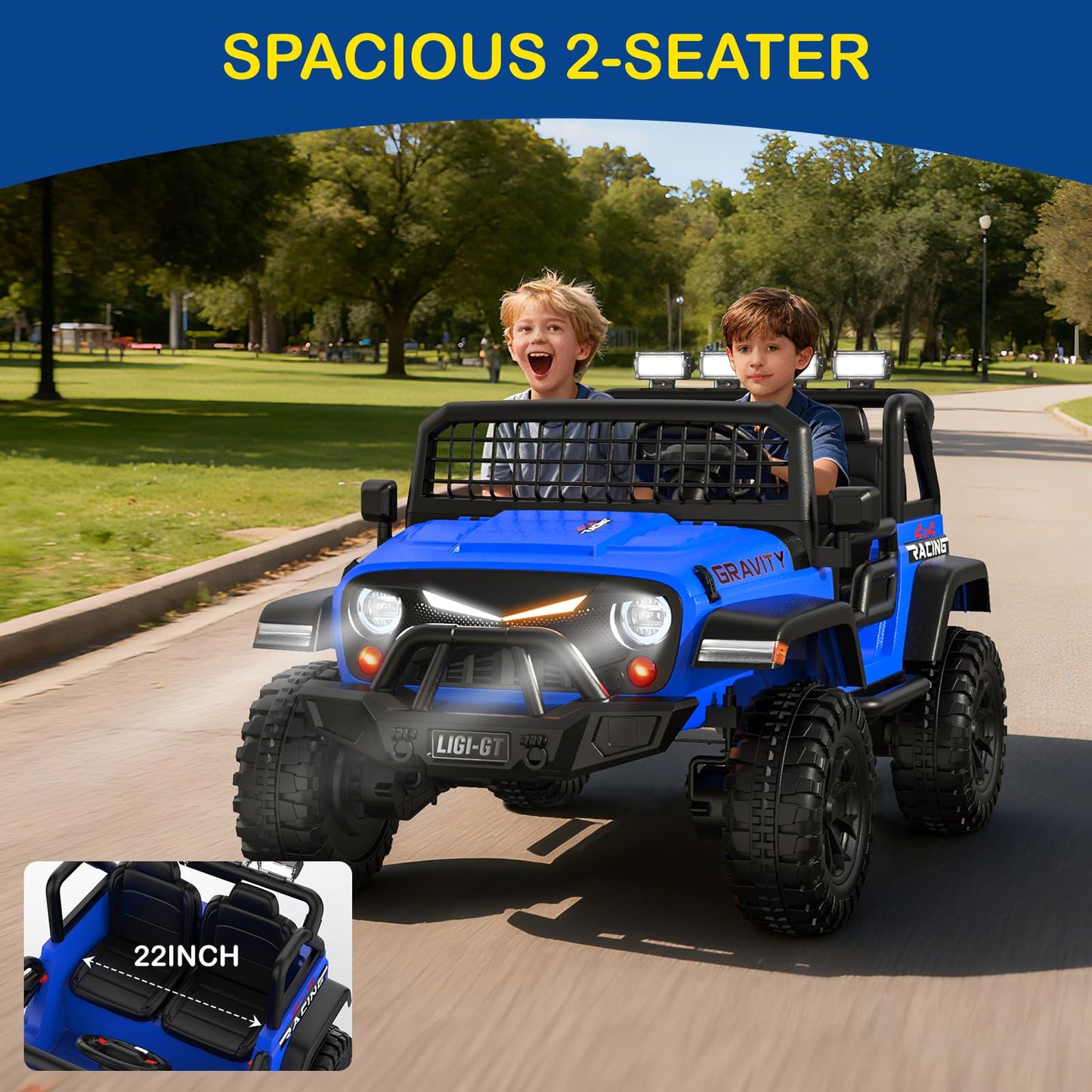 Two children in a blue toy ride-on car with 'Spacious 2-Seater' text and a close-up of the vehicle's wheels.