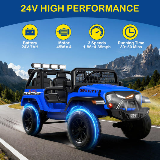 Blue toy ride-on car with mountainous background and technical specifications on a blue background