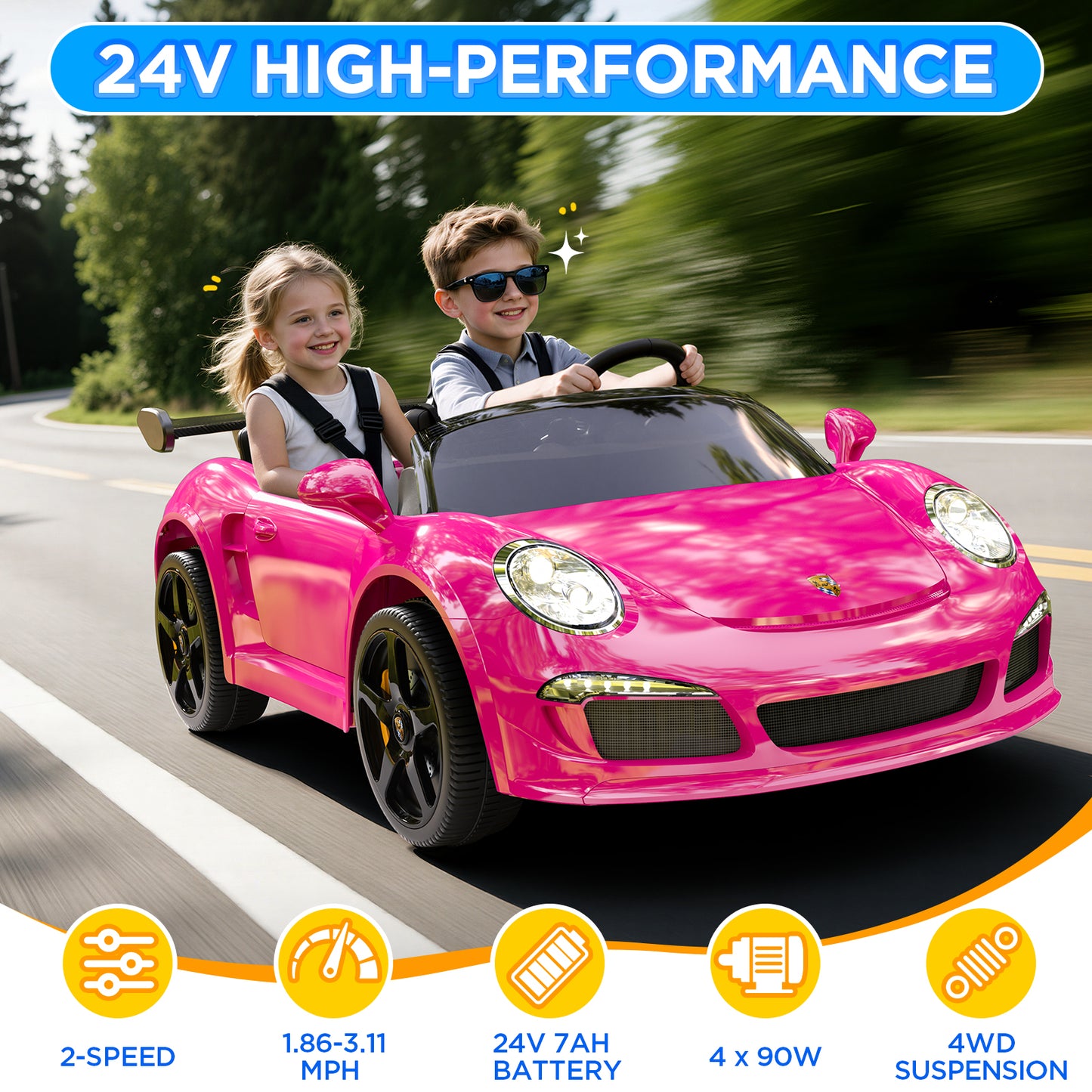Children driving a pink toy car on a road with '24V High-Performance' text above.