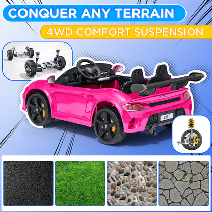 Pink toy car with 4WD comfort suspension features on a blue background