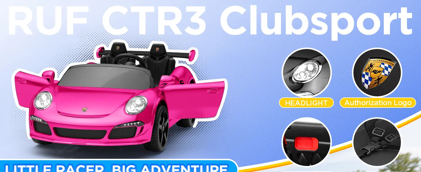 Pink toy car with 'RUF CTR3 Clubsport' text and features on a blue background