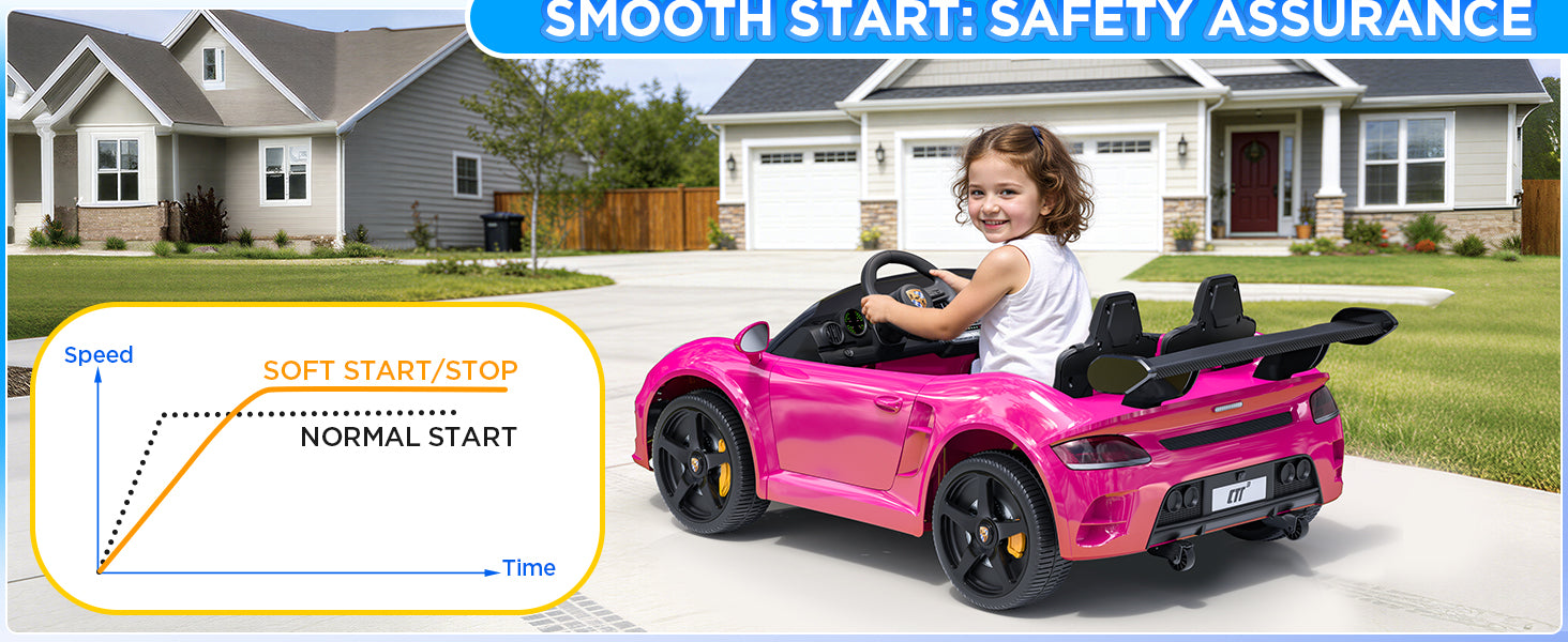 Child in a pink toy car with a house in the background, emphasizing safety assurance.
