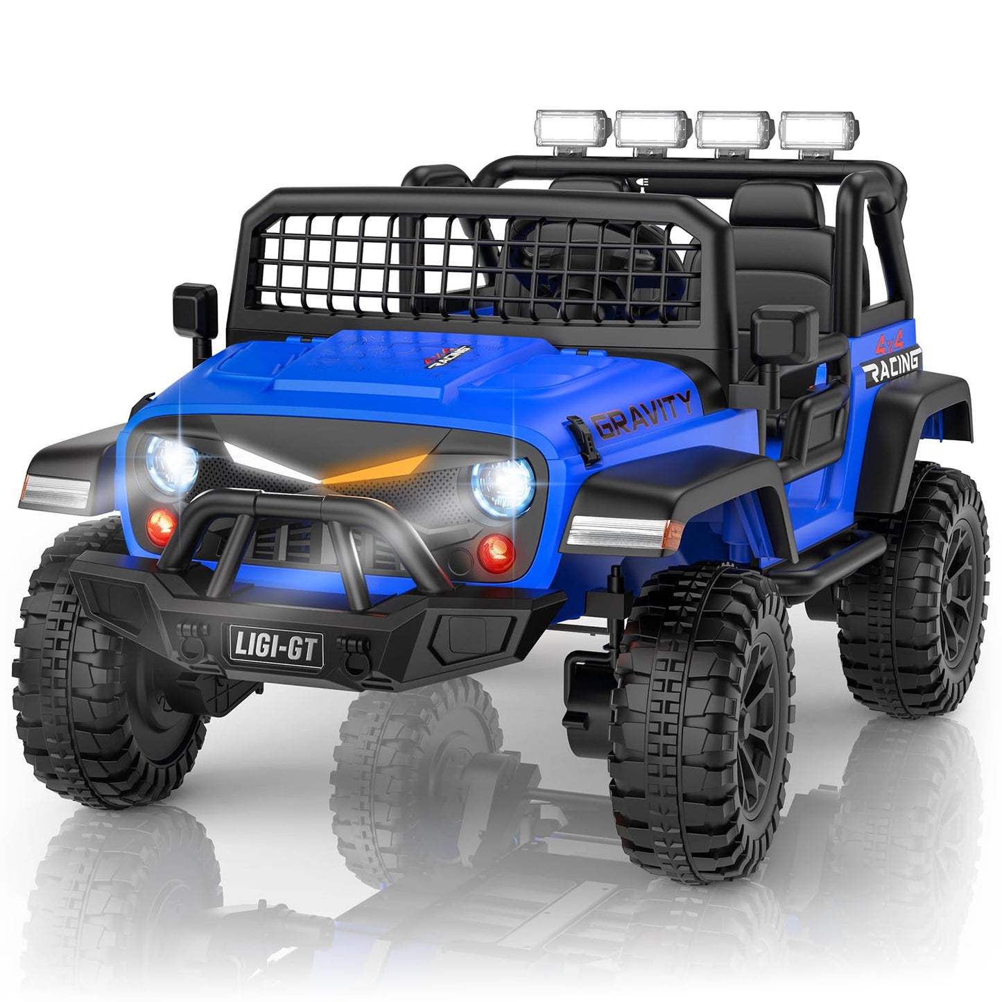 Blue toy off-road vehicle with black details on a white background