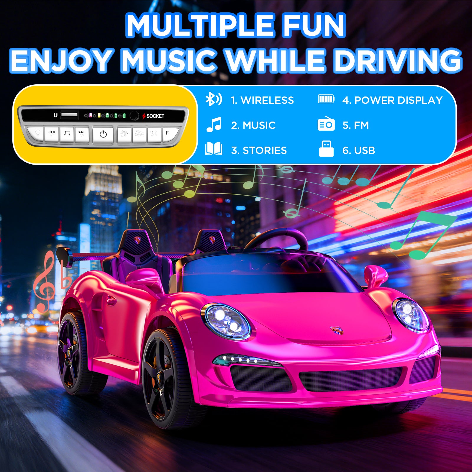 Pink toy car with music and display features on a city night background