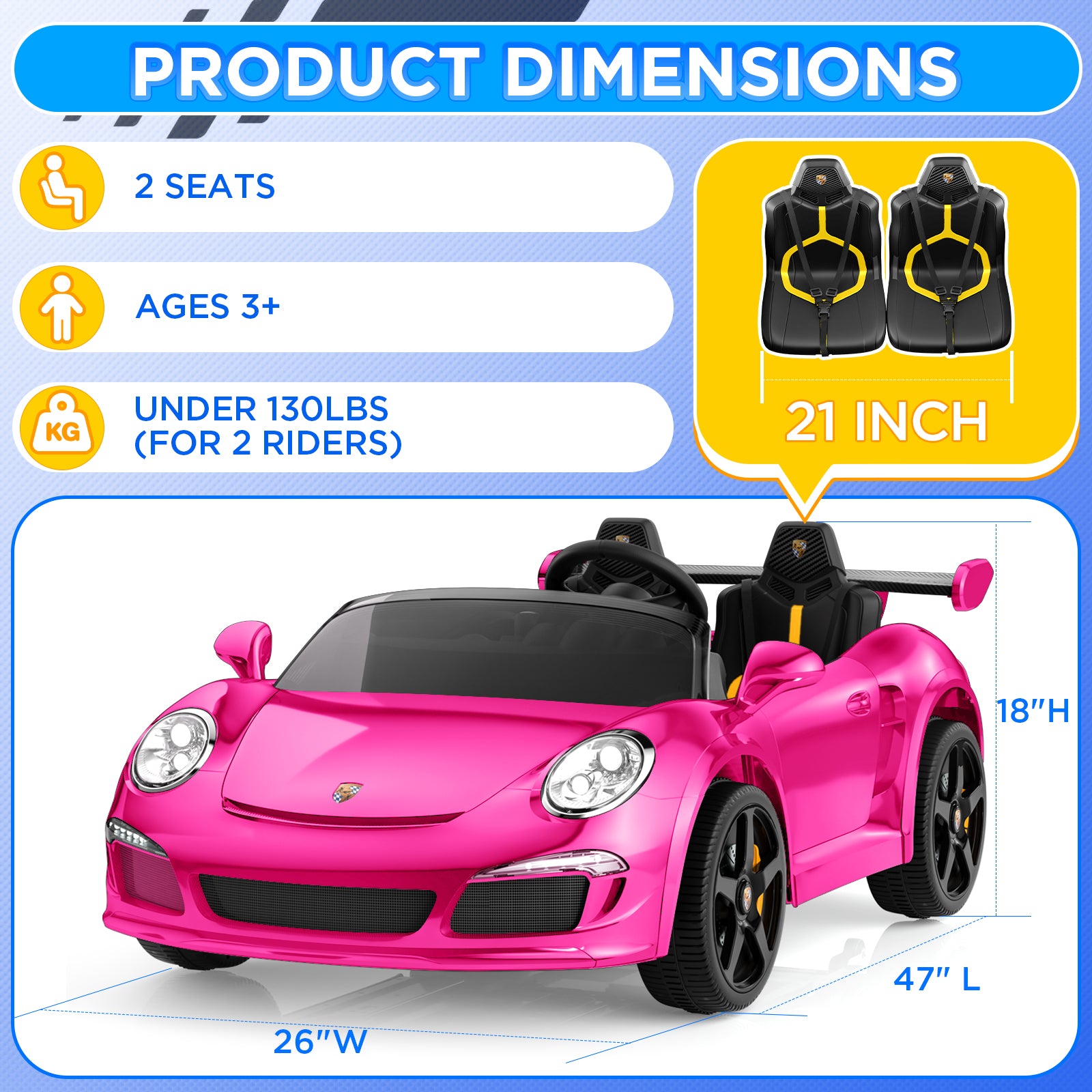 Pink toy car with product dimensions and features on a blue background
