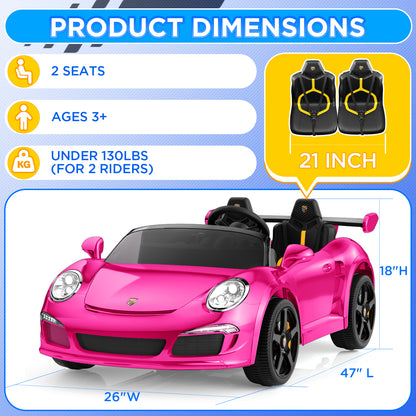 Pink toy car with product dimensions and features on a blue background