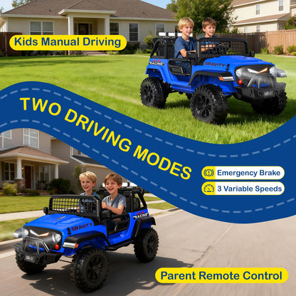 Two children in a blue toy ride-on car with a parent holding a remote control, set against a suburban backdrop.