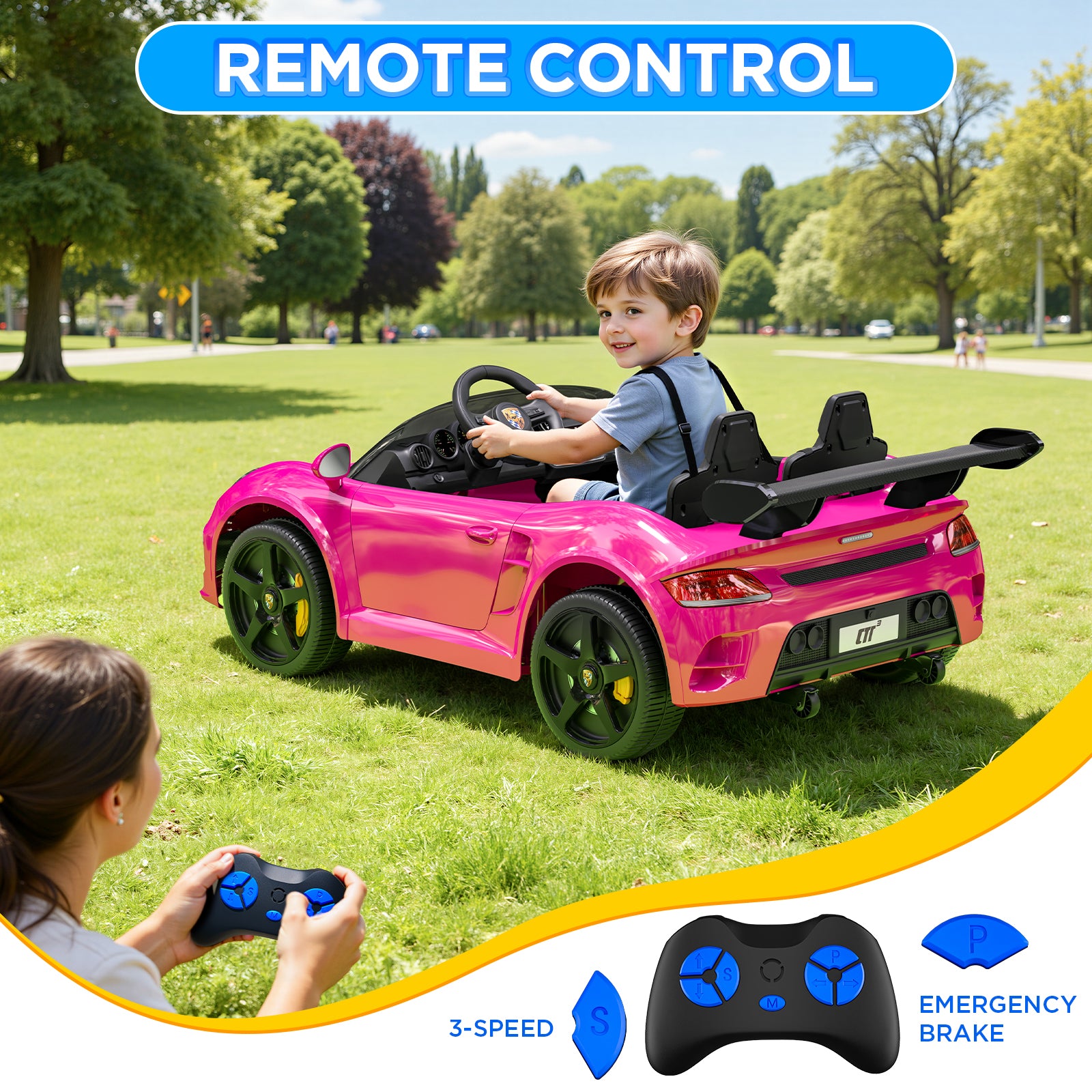 Child driving a pink toy car with a remote control in a park