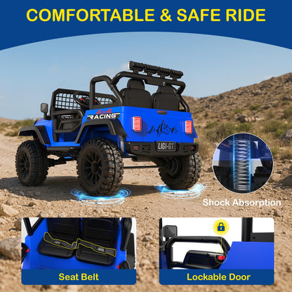 Blue off-road vehicle with features highlighted on a desert background