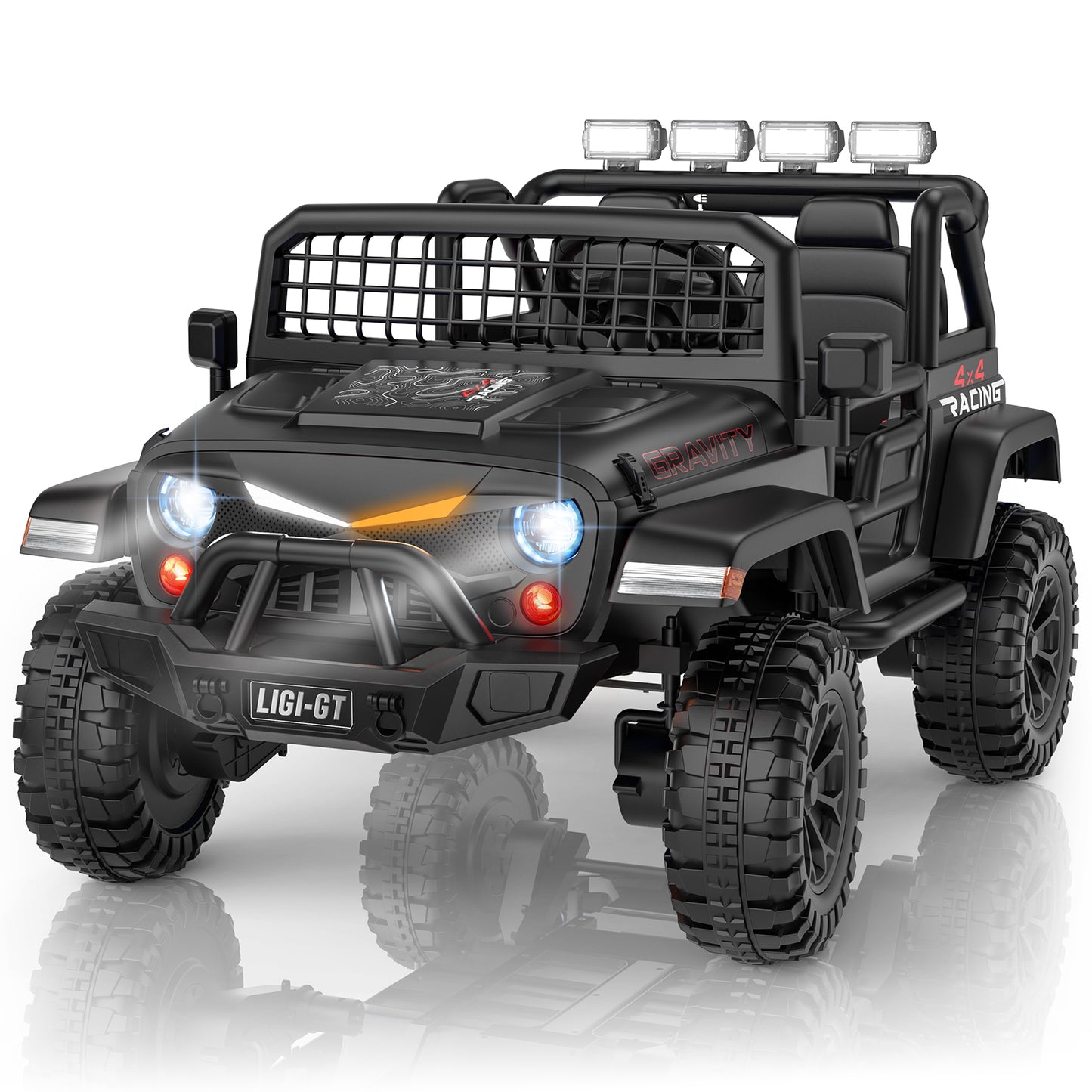 Black toy off-road vehicle with lights on a white background
