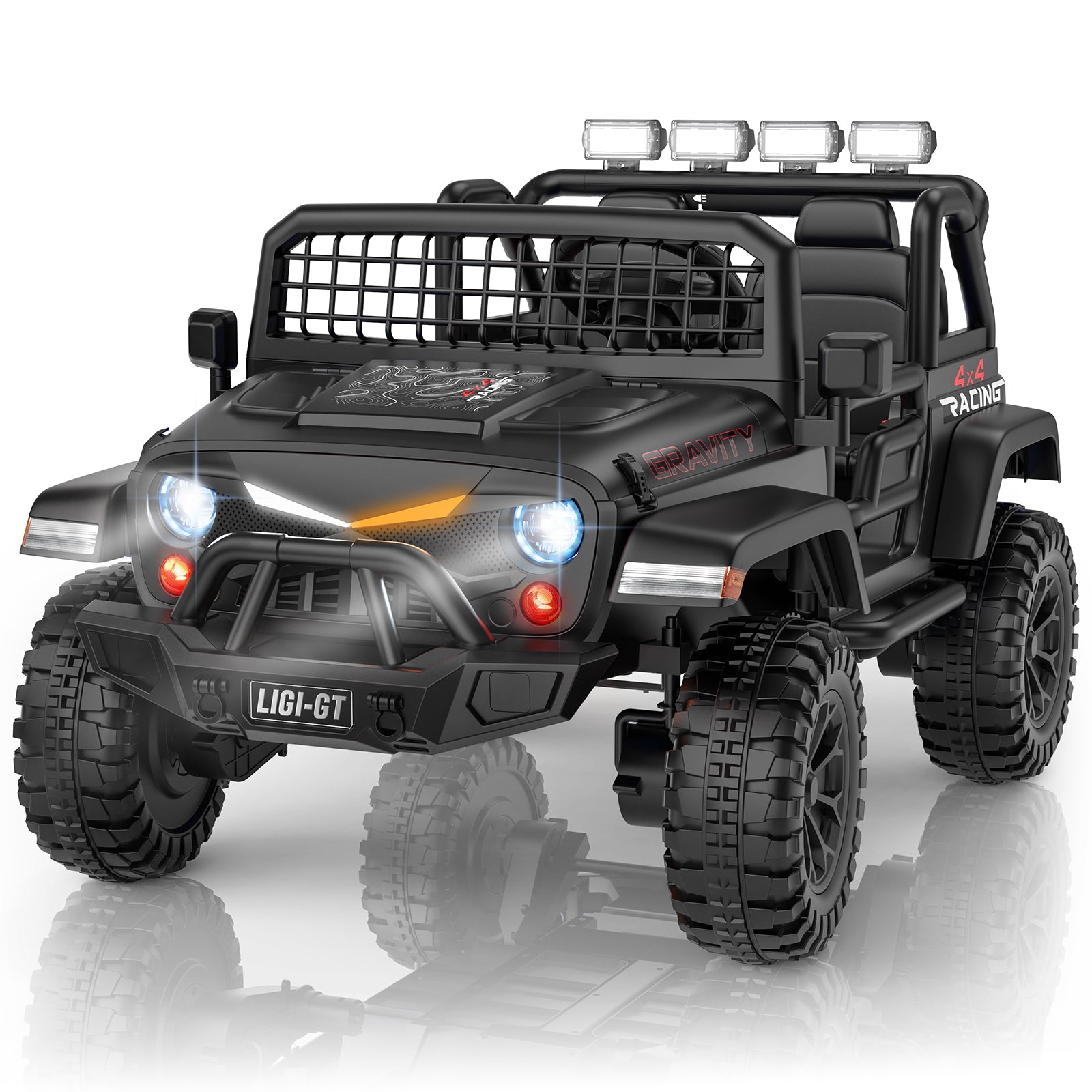 Black toy off-road vehicle with lights on a white background
