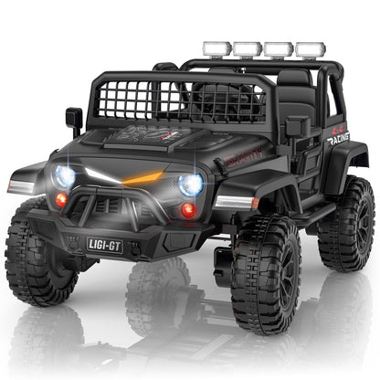 Black toy off-road vehicle with lights on a white background