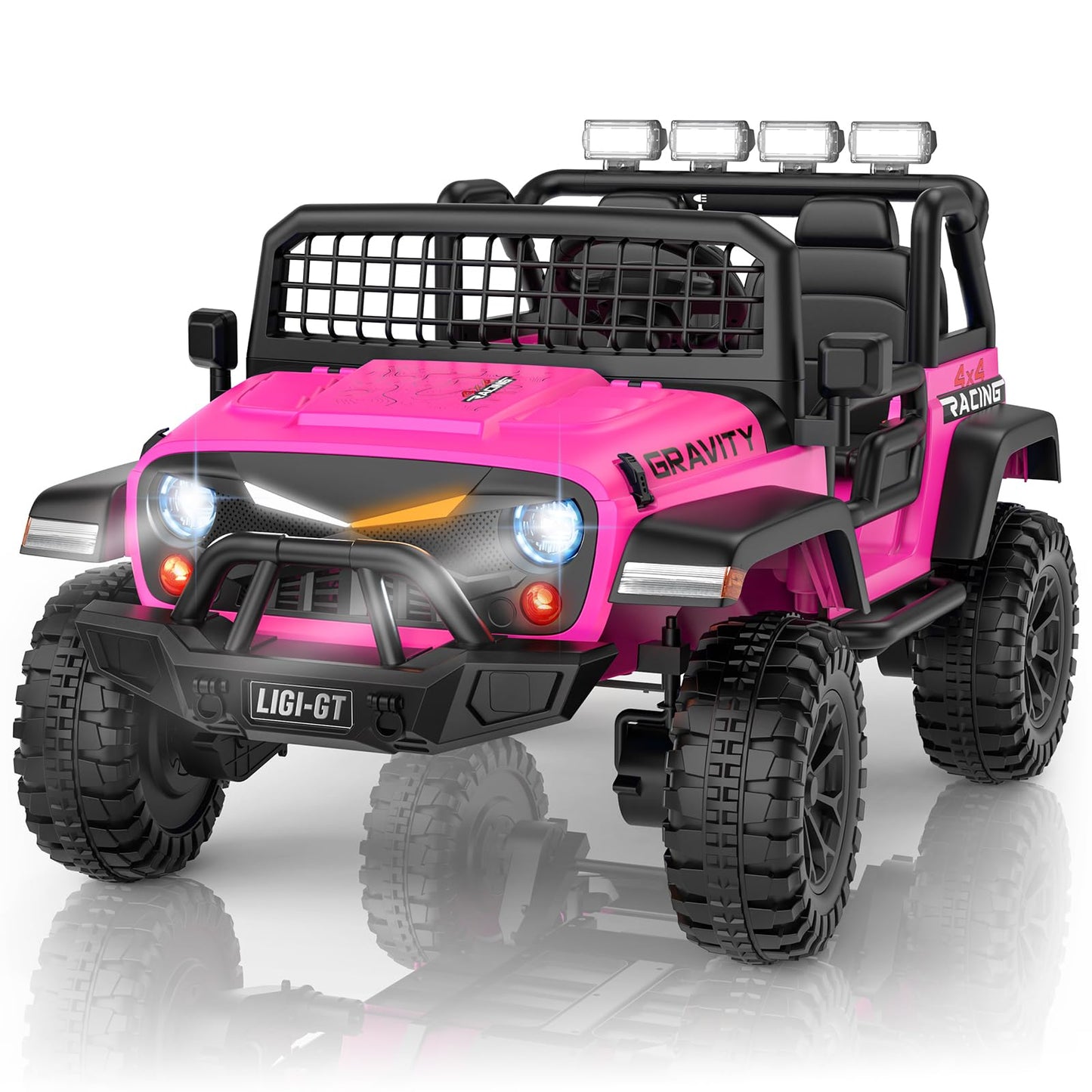 Pink toy ride-on car with black accents on a white background