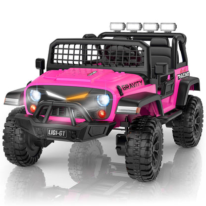 Pink toy ride-on car with black accents on a white background