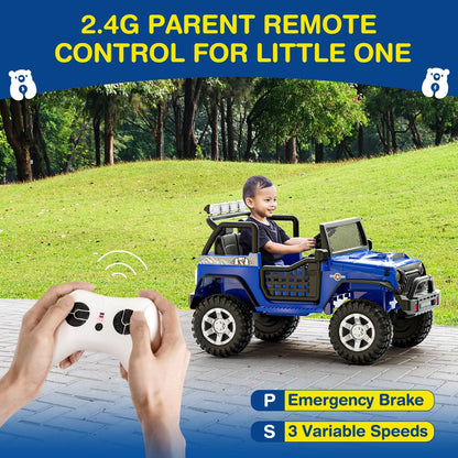 Child playing with a blue ride-on car on a grassy hill, controlled by a 2.4G parent remote.