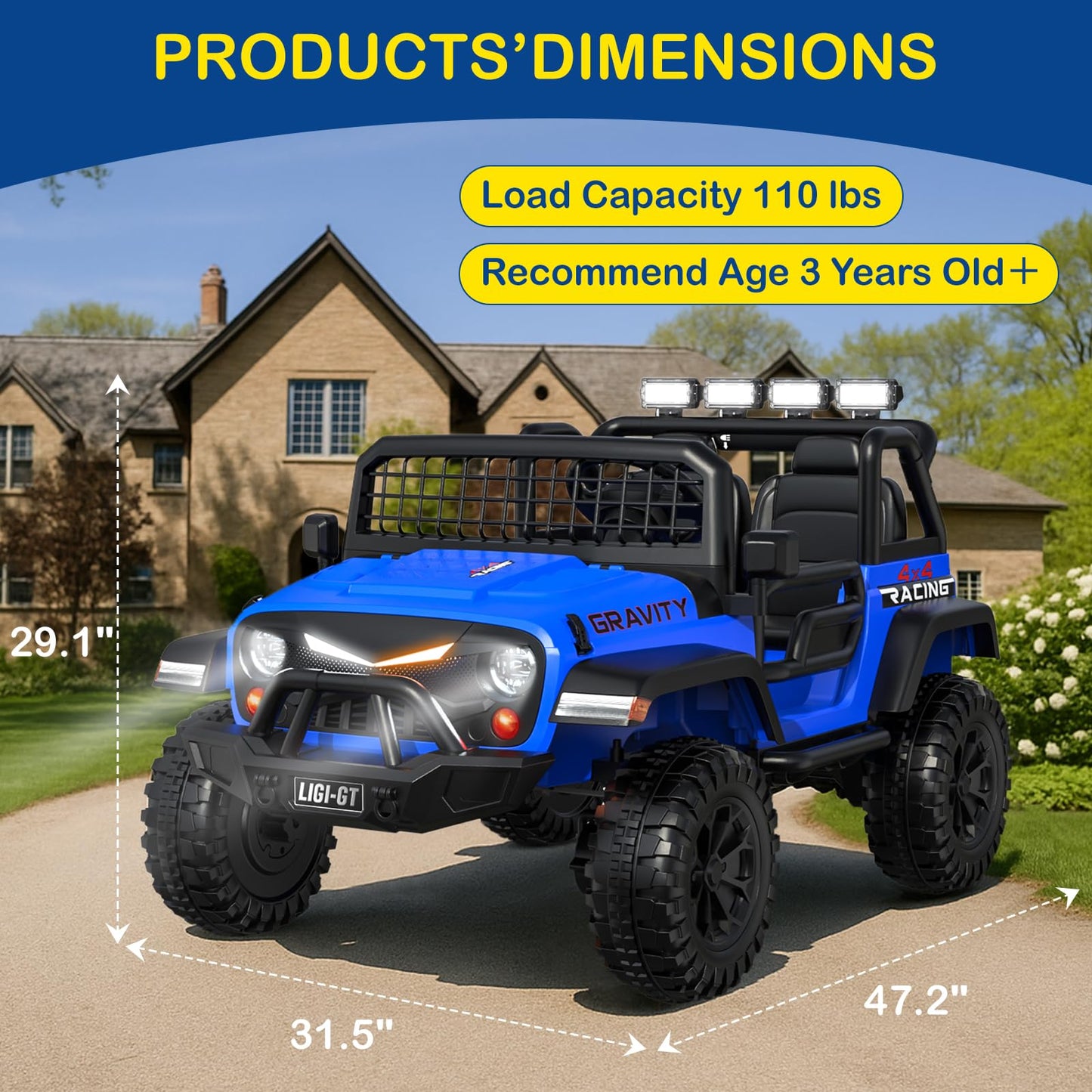 Blue toy truck with dimensions and product details on a suburban background