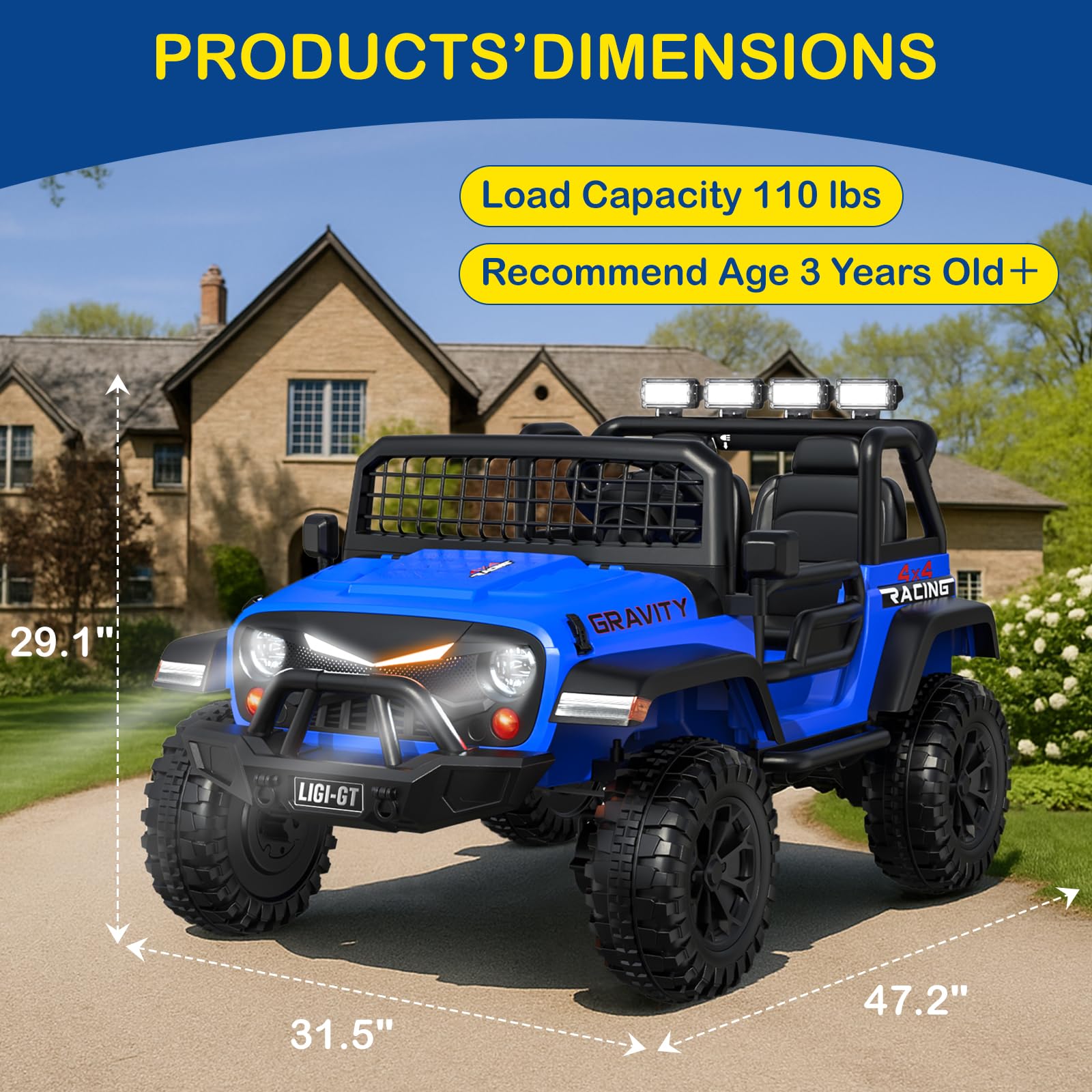 Blue toy truck with dimensions and product details on a suburban background